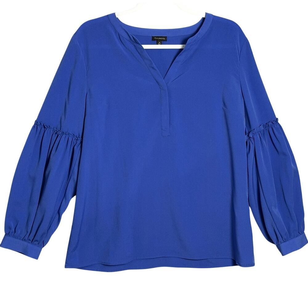 Talbots Sz M Cerulean Blue Balloon Sleeve Split Neck Blouse Lightweight‎ Flowy